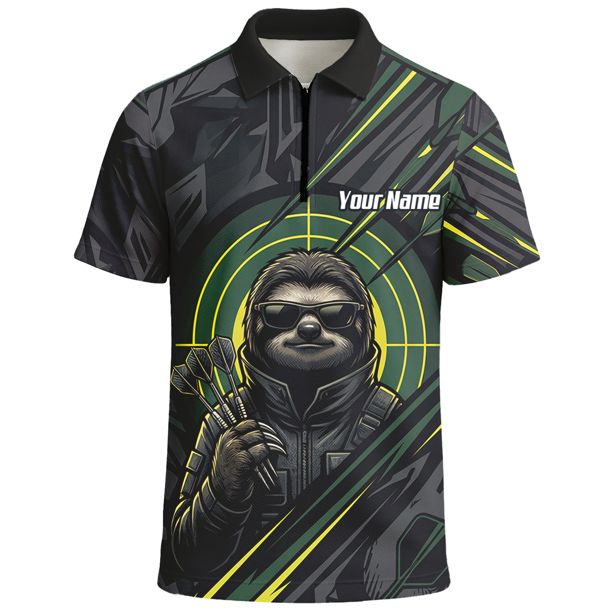 Personalised Sloth Dart Jersey for Men Custom Name and Team Polo Shirt Black and Lime Green I5001