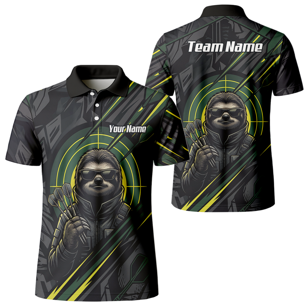 Personalised Sloth Dart Jersey for Men Custom Name and Team Polo Shirt Black and Lime Green I5001
