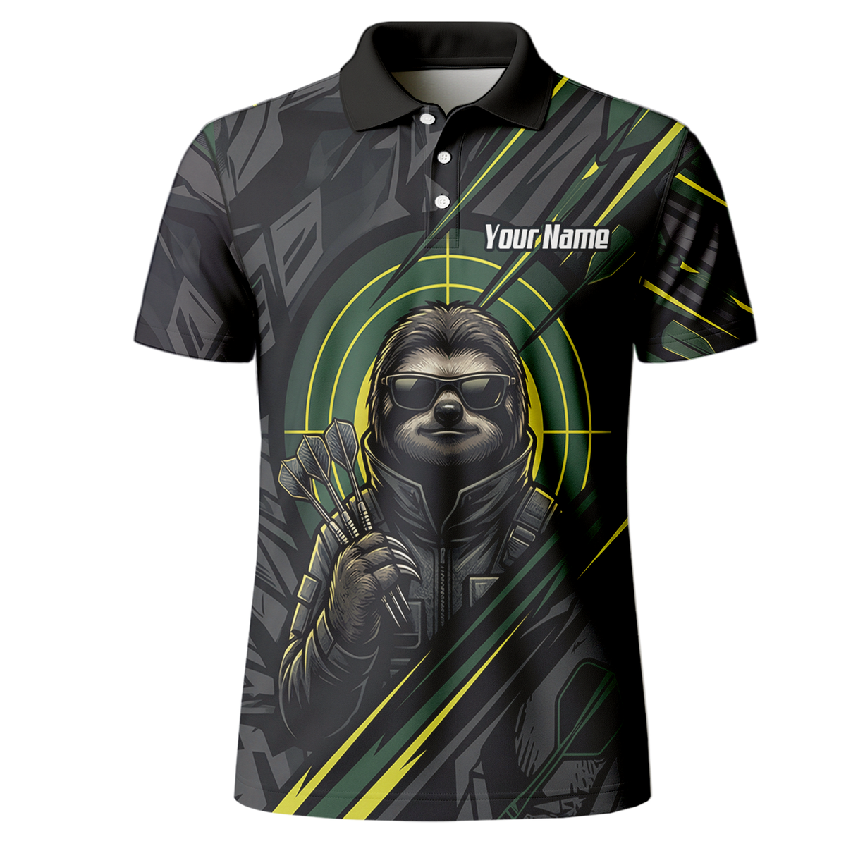 Personalised Sloth Dart Jersey for Men Custom Name and Team Polo Shirt Black and Lime Green I5001