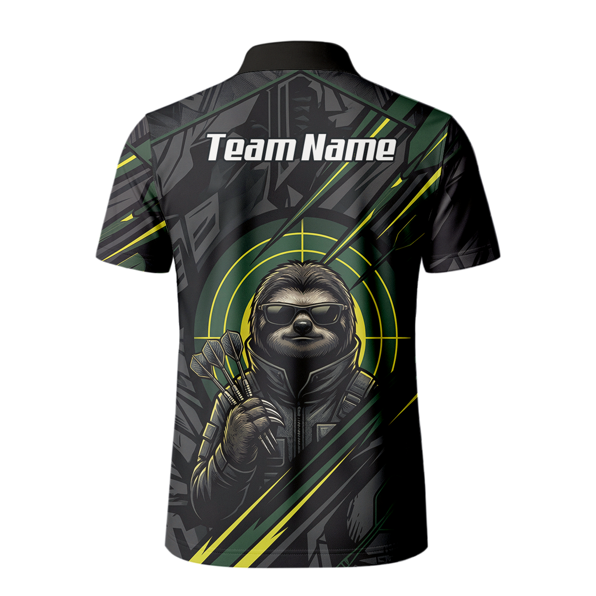 Personalised Sloth Dart Jersey for Men Custom Name and Team Polo Shirt Black and Lime Green I5001