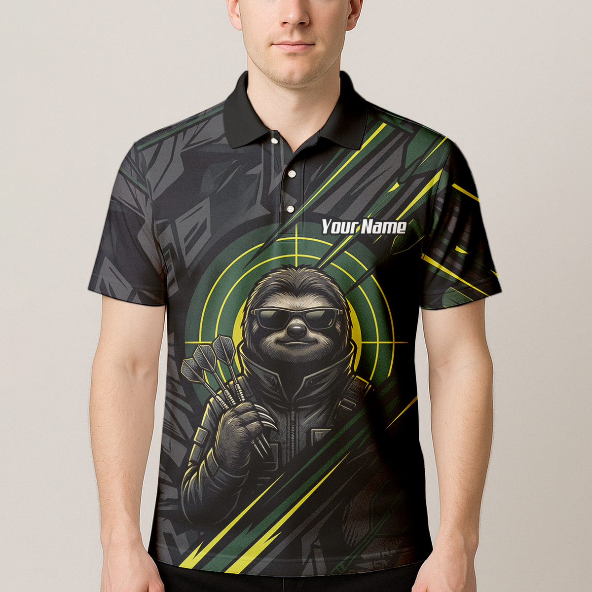 Personalised Sloth Dart Jersey for Men Custom Name and Team Polo Shirt Black and Lime Green I5001