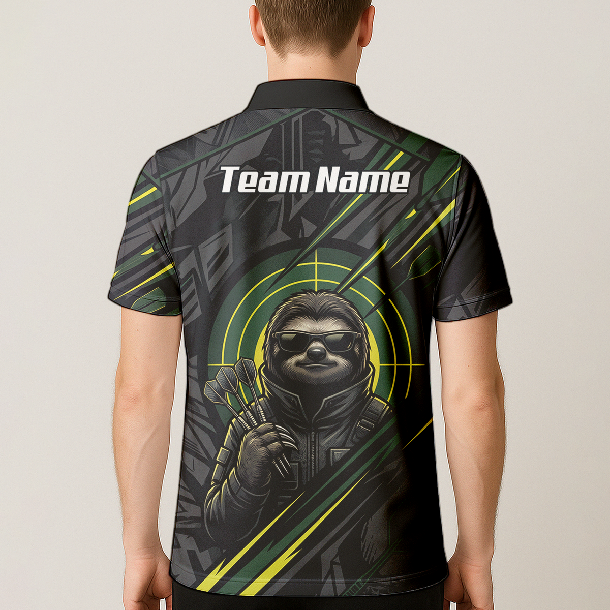 Personalised Sloth Dart Jersey for Men Custom Name and Team Polo Shirt Black and Lime Green I5001
