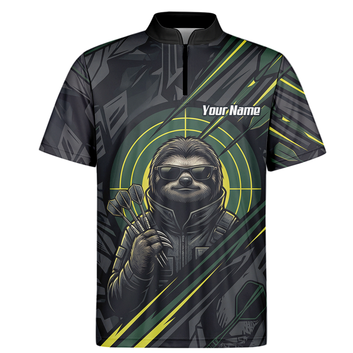 Personalised Sloth Dart Jersey for Men Custom Name and Team Polo Shirt Black and Lime Green I5001