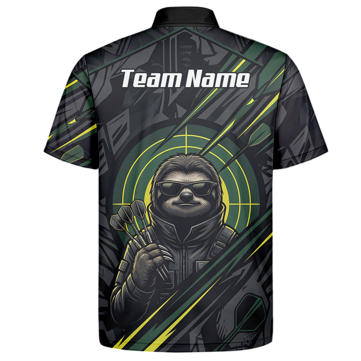 Personalised Sloth Dart Jersey for Men Custom Name and Team Polo Shirt Black and Lime Green I5001
