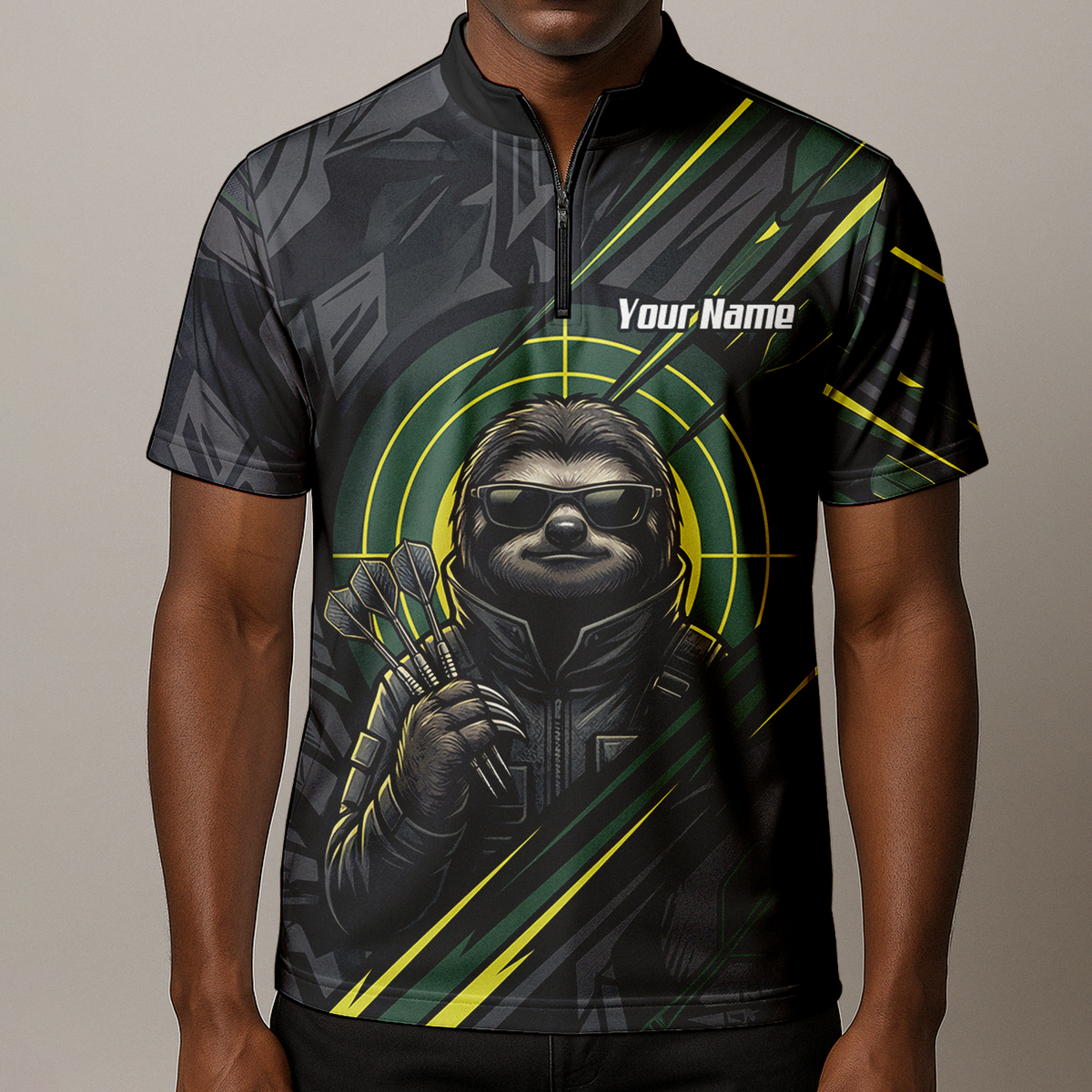 Personalised Sloth Dart Jersey for Men Custom Name and Team Polo Shirt Black and Lime Green I5001