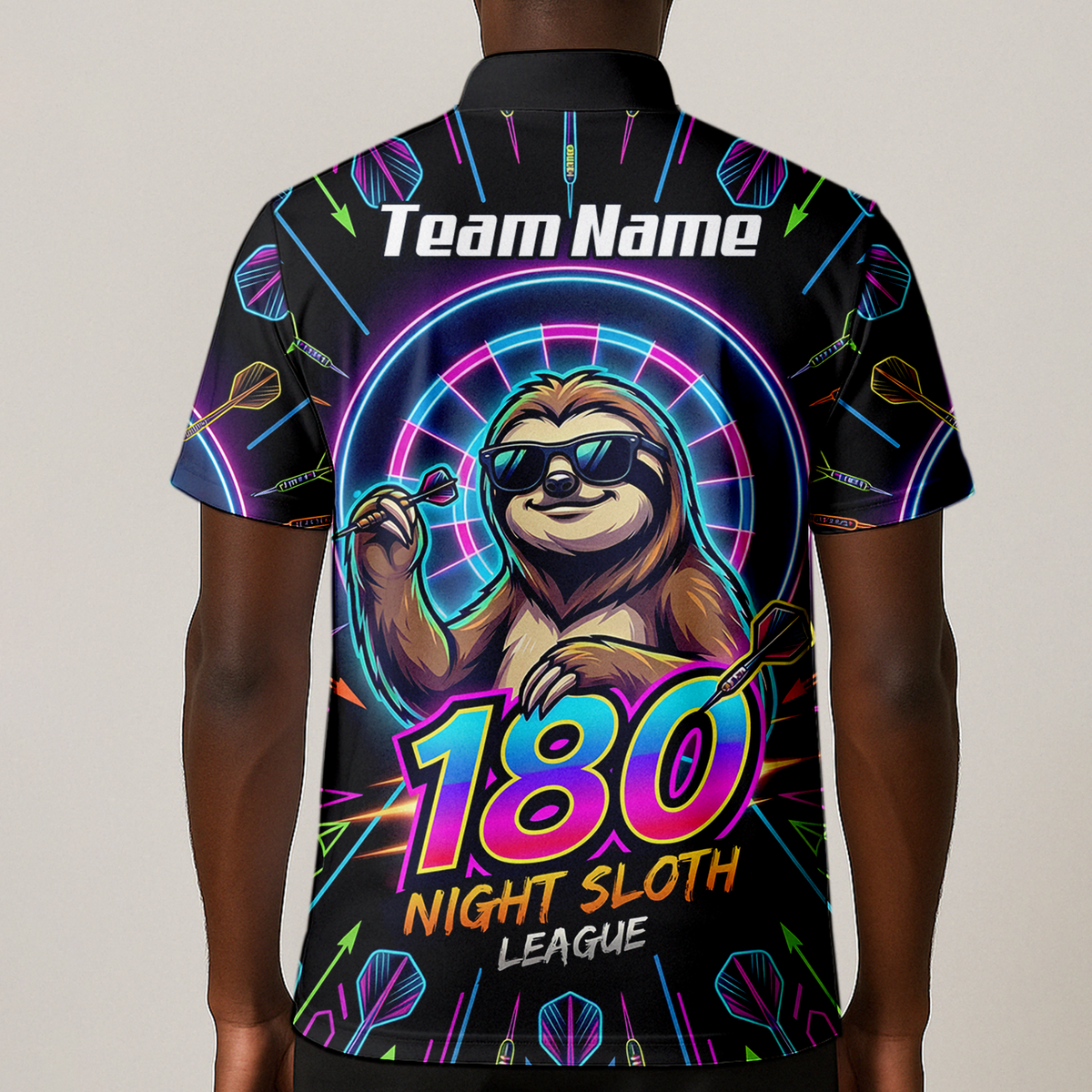 Personalised Night Sloth Dart Jersey for Men Custom Neon Retro 180 Graphic Polo Shirt Black I5226