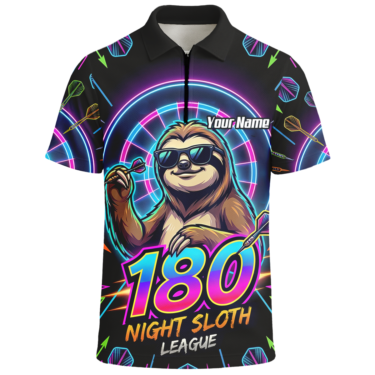 Personalised Night Sloth Dart Jersey for Men Custom Neon Retro 180 Graphic Polo Shirt Black I5226
