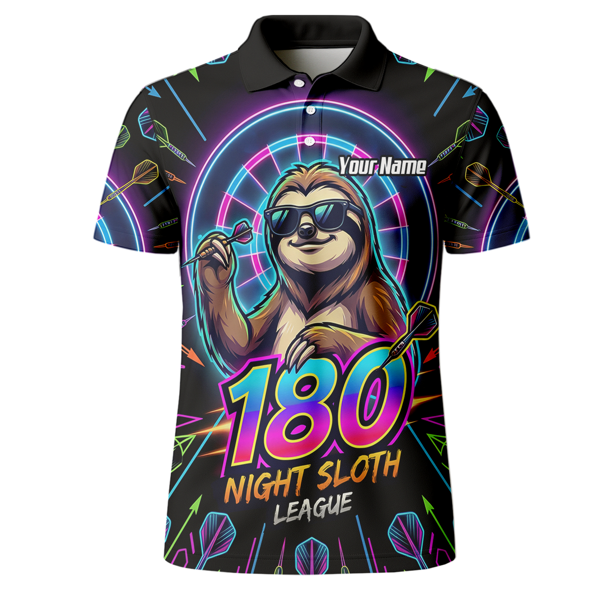 Personalised Night Sloth Dart Jersey for Men Custom Neon Retro 180 Graphic Polo Shirt Black I5226