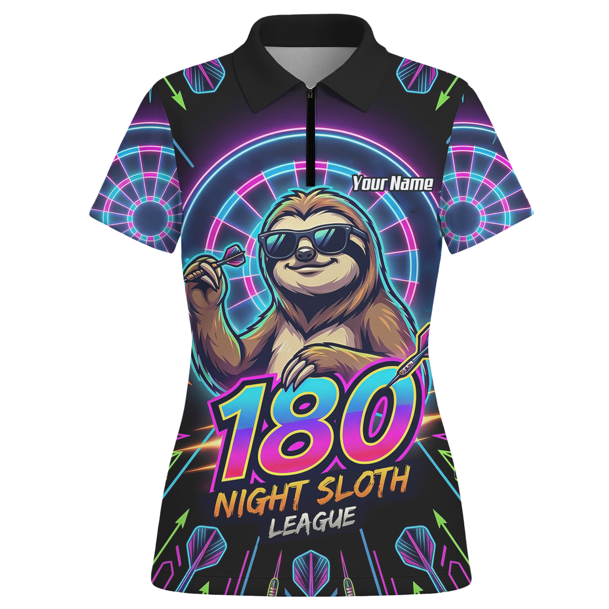Personalised Night Sloth Dart Jersey for Women Custom Neon Retro 180 Graphic Polo Shirt Black I5226
