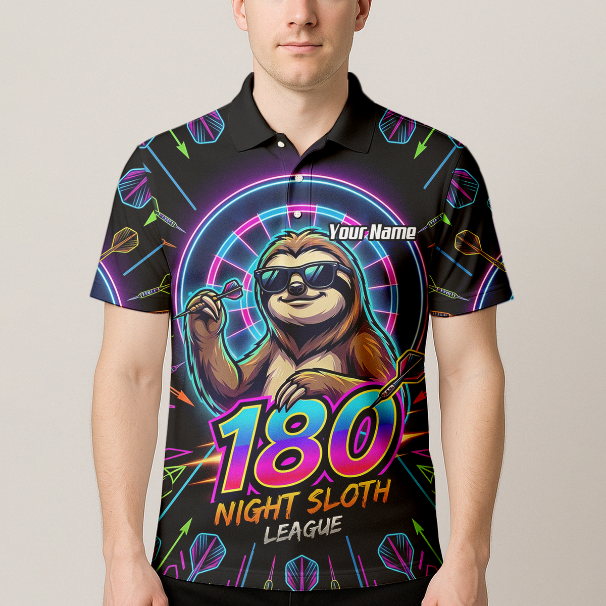 Personalised Night Sloth Dart Jersey for Men Custom Neon Retro 180 Graphic Polo Shirt Black I5226