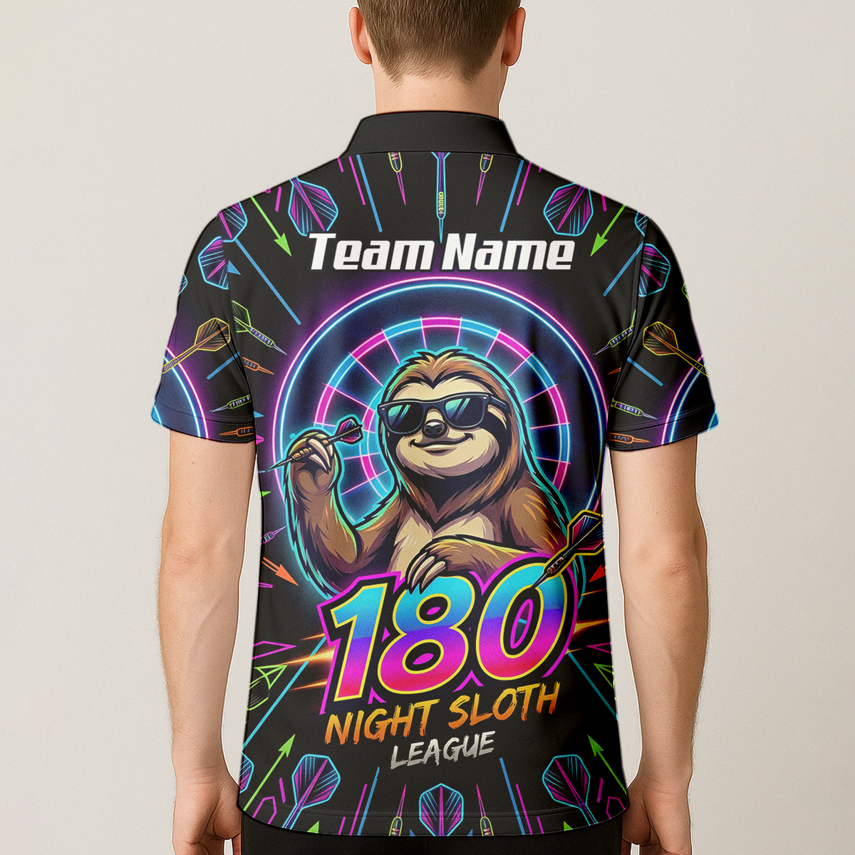 Personalised Night Sloth Dart Jersey for Men Custom Neon Retro 180 Graphic Polo Shirt Black I5226