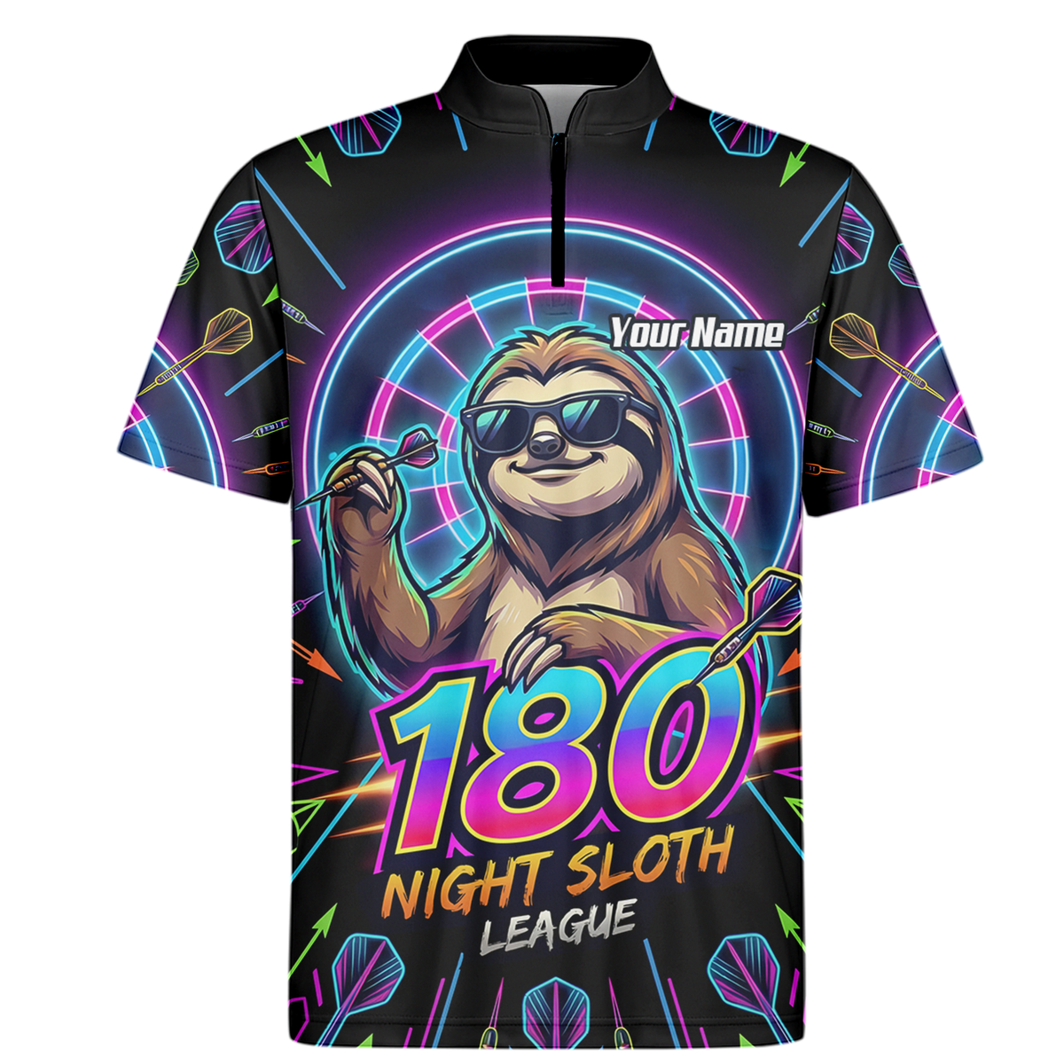Personalised Night Sloth Dart Jersey for Men Custom Neon Retro 180 Graphic Polo Shirt Black I5226