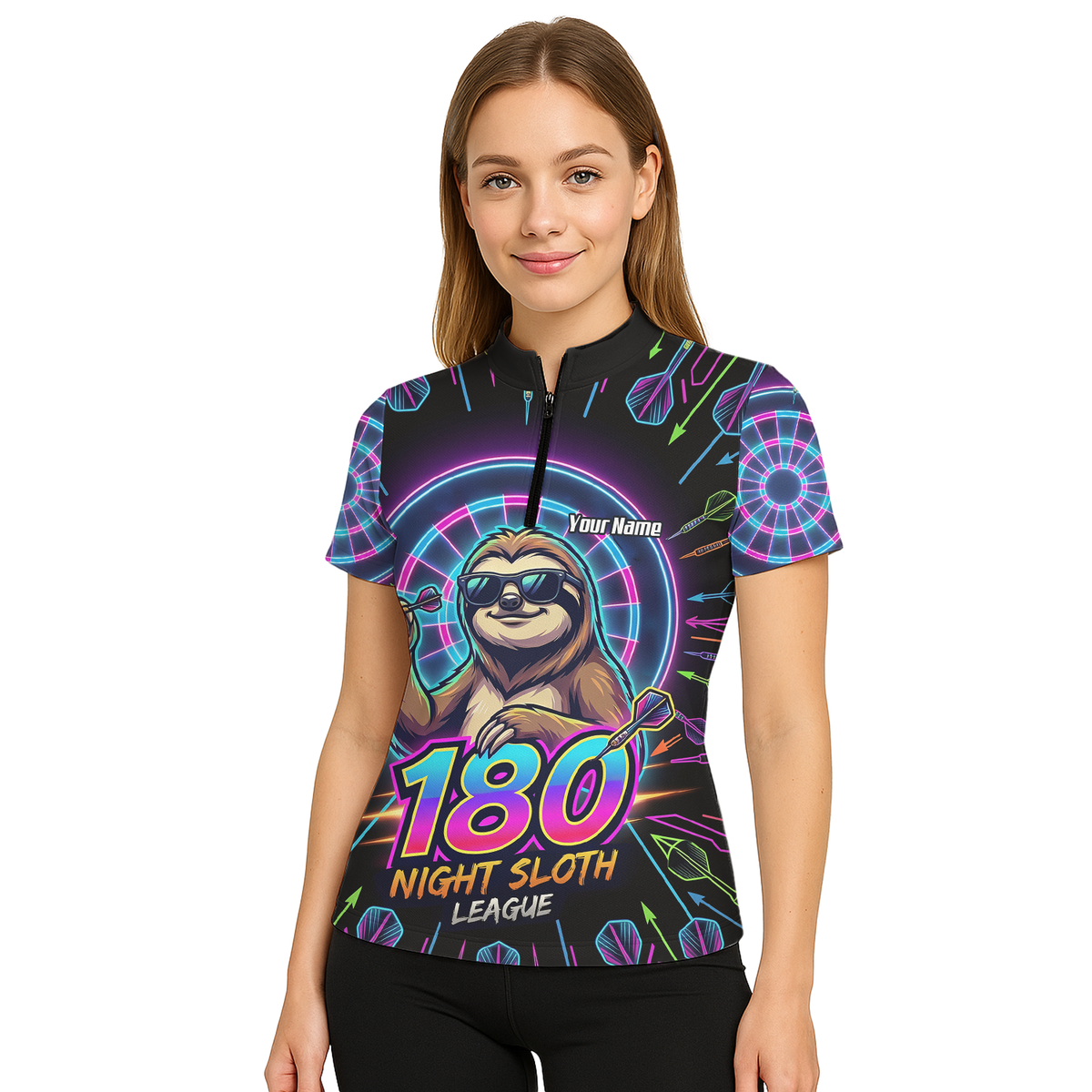 Personalised Night Sloth Dart Jersey for Women Custom Neon Retro 180 Graphic Polo Shirt Black I5226