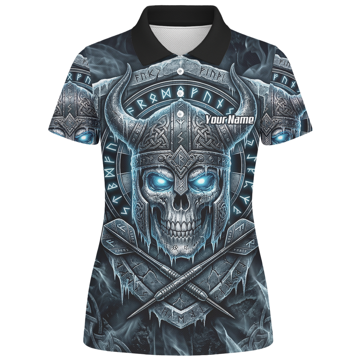 Personalised Viking Skull Dart Jersey for Women Custom Norse Runes Warrior Shirt Ice Blue and Grey Polo I6327