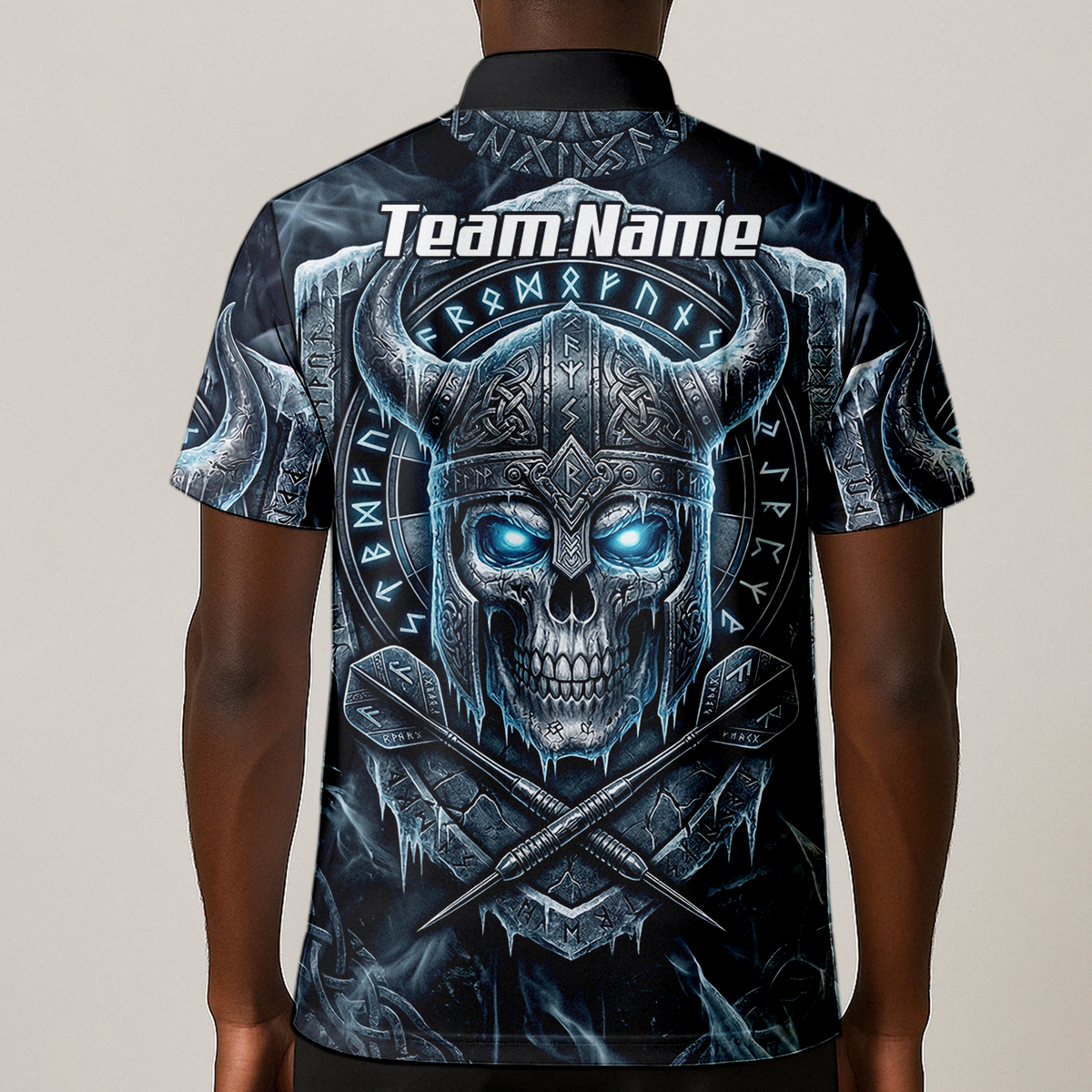 Personalised Viking Skull Dart Jersey for Men Custom Norse Runes Warrior Shirt Ice Blue and Grey Polo I6327