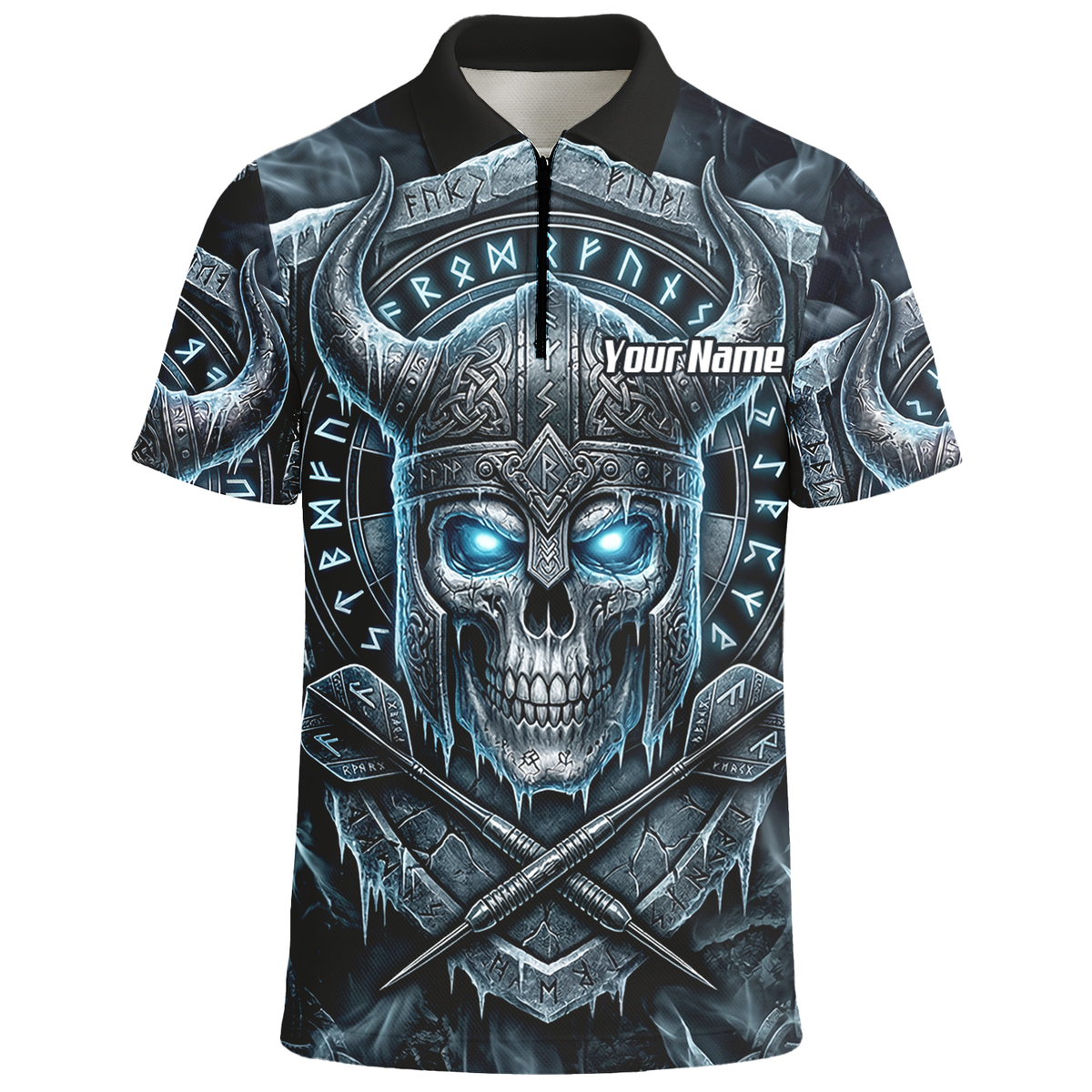 Personalised Viking Skull Dart Jersey for Men Custom Norse Runes Warrior Shirt Ice Blue and Grey Polo I6327