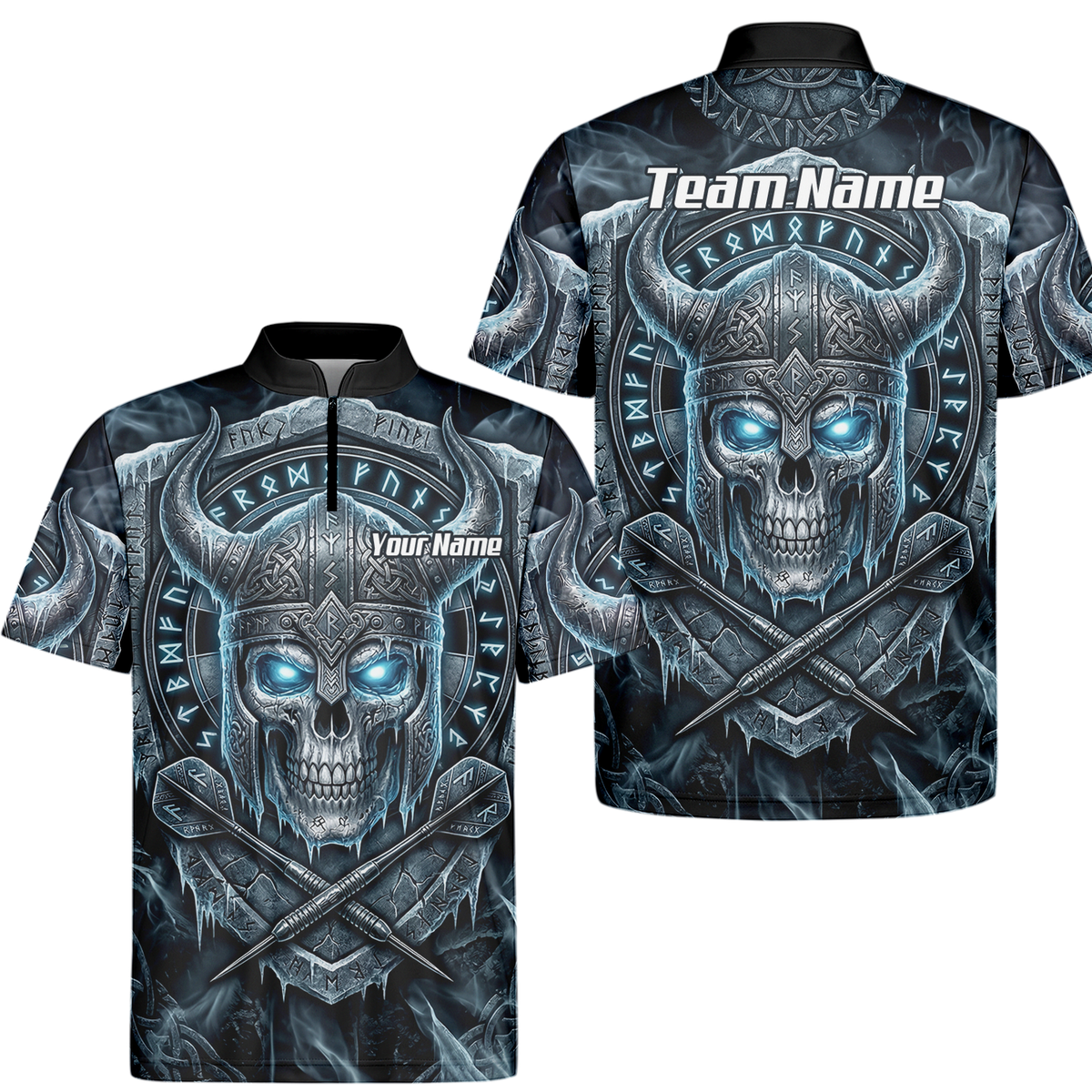 Personalised Viking Skull Dart Jersey for Men Custom Norse Runes Warrior Shirt Ice Blue and Grey Polo I6327