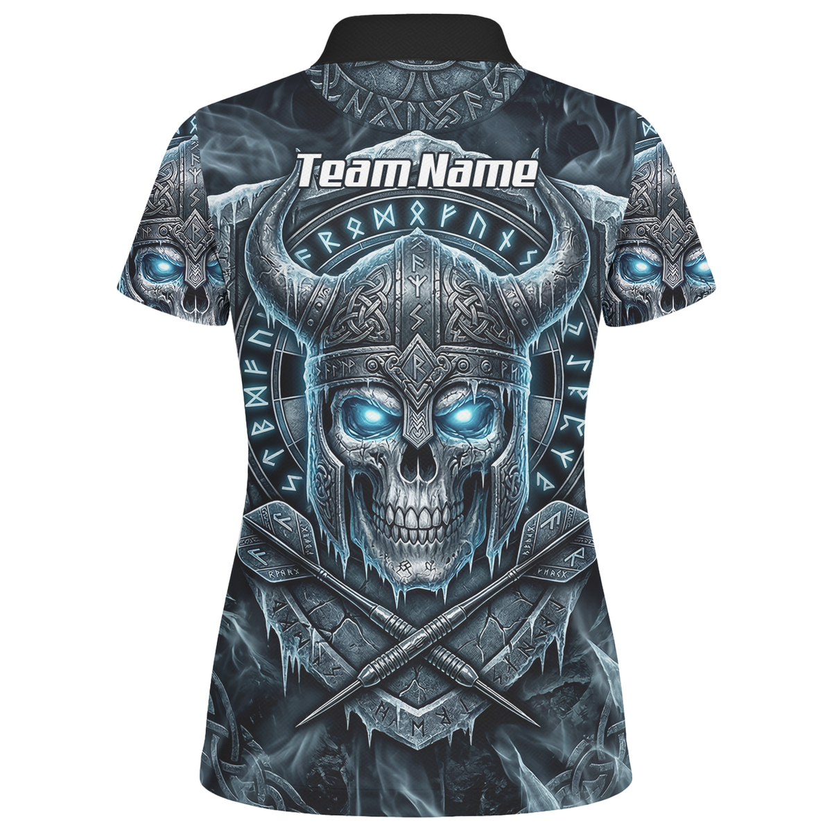 Personalised Viking Skull Dart Jersey for Women Custom Norse Runes Warrior Shirt Ice Blue and Grey Polo I6327