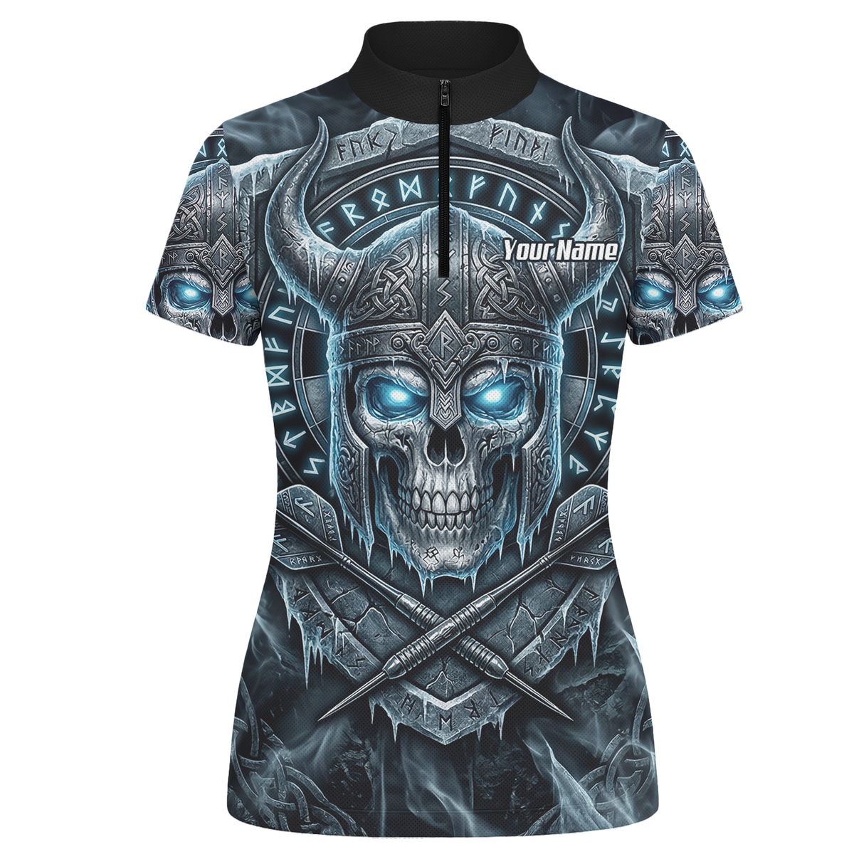 Personalised Viking Skull Dart Jersey for Women Custom Norse Runes Warrior Shirt Ice Blue and Grey Polo I6327