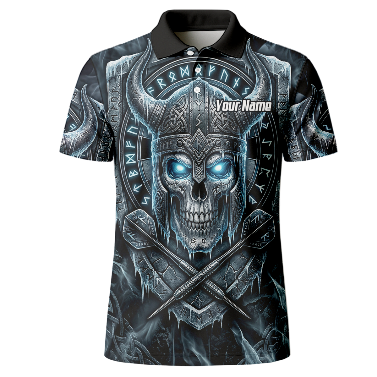 Personalised Viking Skull Dart Jersey for Men Custom Norse Runes Warrior Shirt Ice Blue and Grey Polo I6327