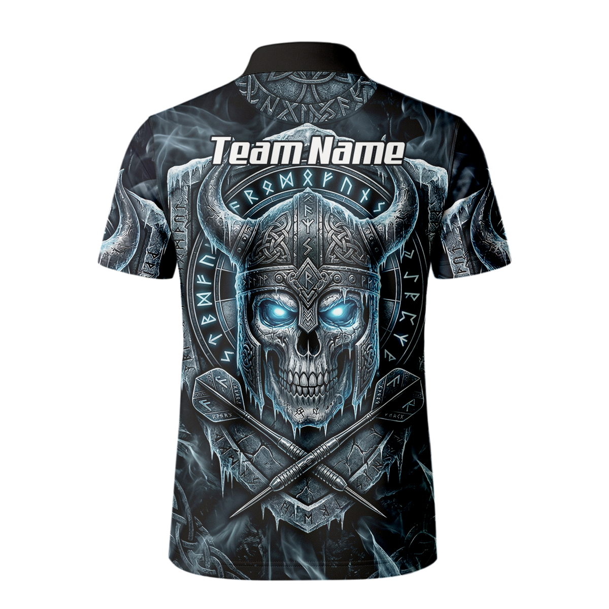 Personalised Viking Skull Dart Jersey for Men Custom Norse Runes Warrior Shirt Ice Blue and Grey Polo I6327