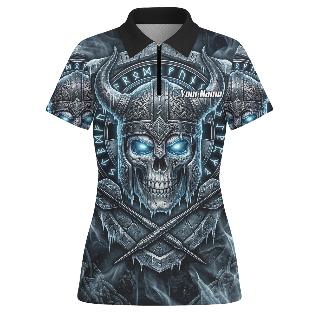 Personalised Viking Skull Dart Jersey for Women Custom Norse Runes Warrior Shirt Ice Blue and Grey Polo I6327