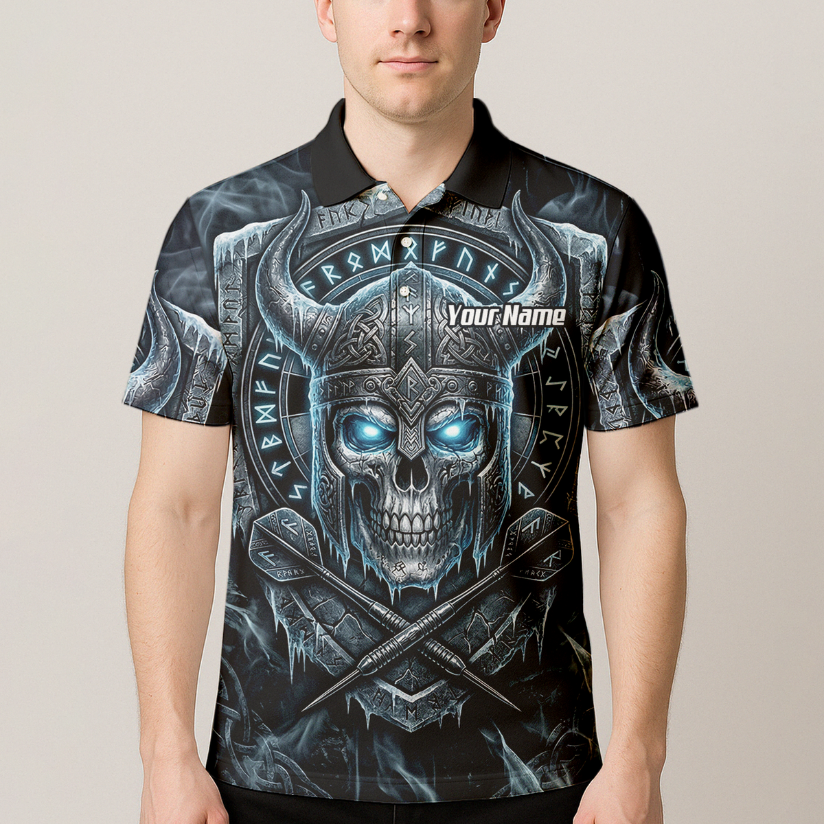 Personalised Viking Skull Dart Jersey for Men Custom Norse Runes Warrior Shirt Ice Blue and Grey Polo I6327