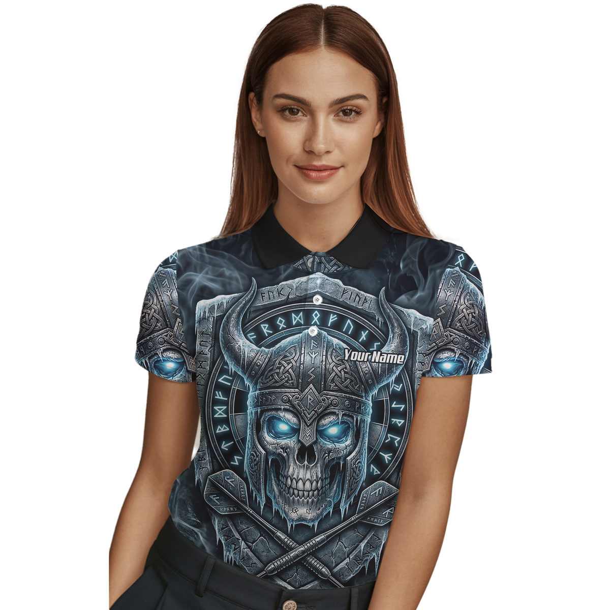 Personalised Viking Skull Dart Jersey for Women Custom Norse Runes Warrior Shirt Ice Blue and Grey Polo I6327