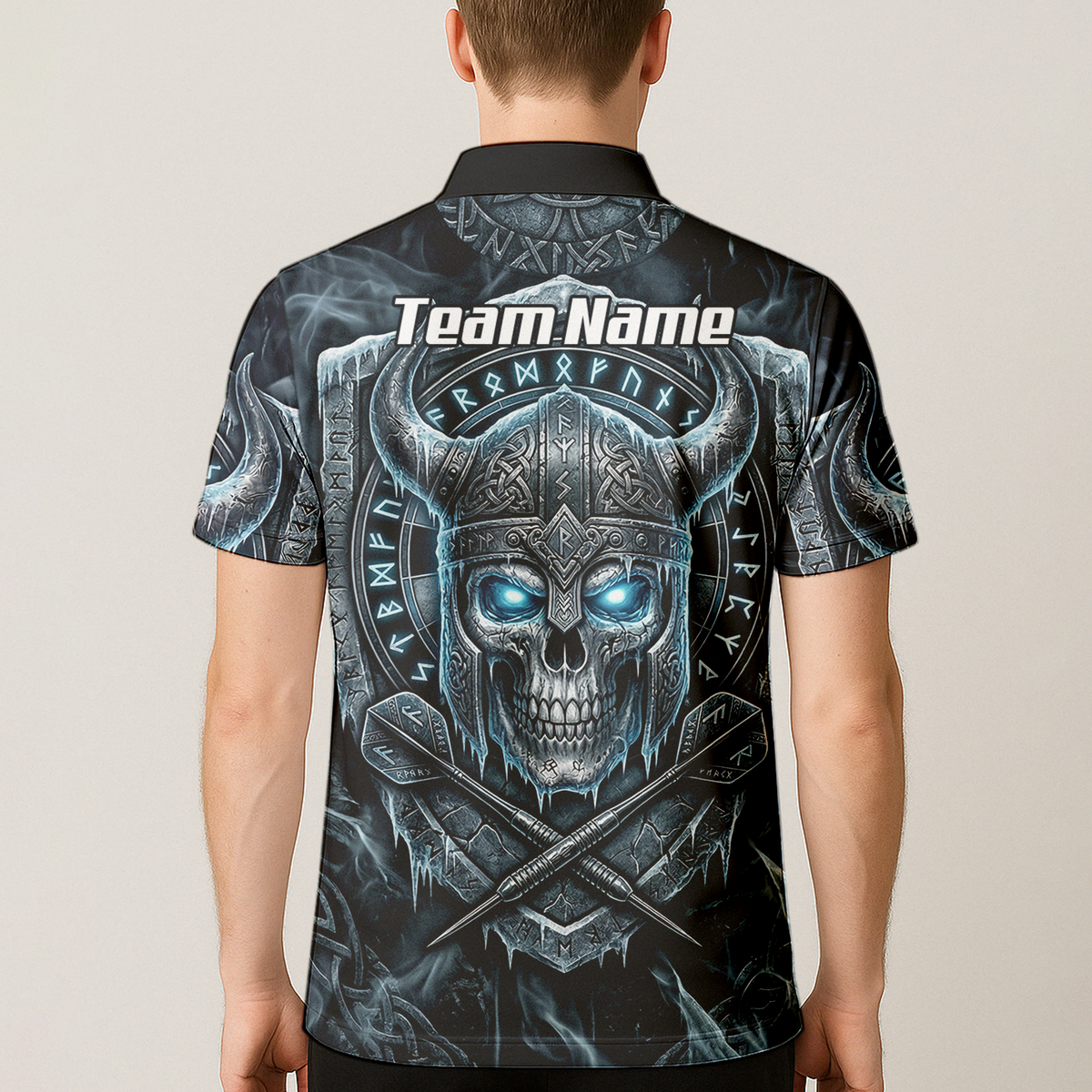 Personalised Viking Skull Dart Jersey for Men Custom Norse Runes Warrior Shirt Ice Blue and Grey Polo I6327