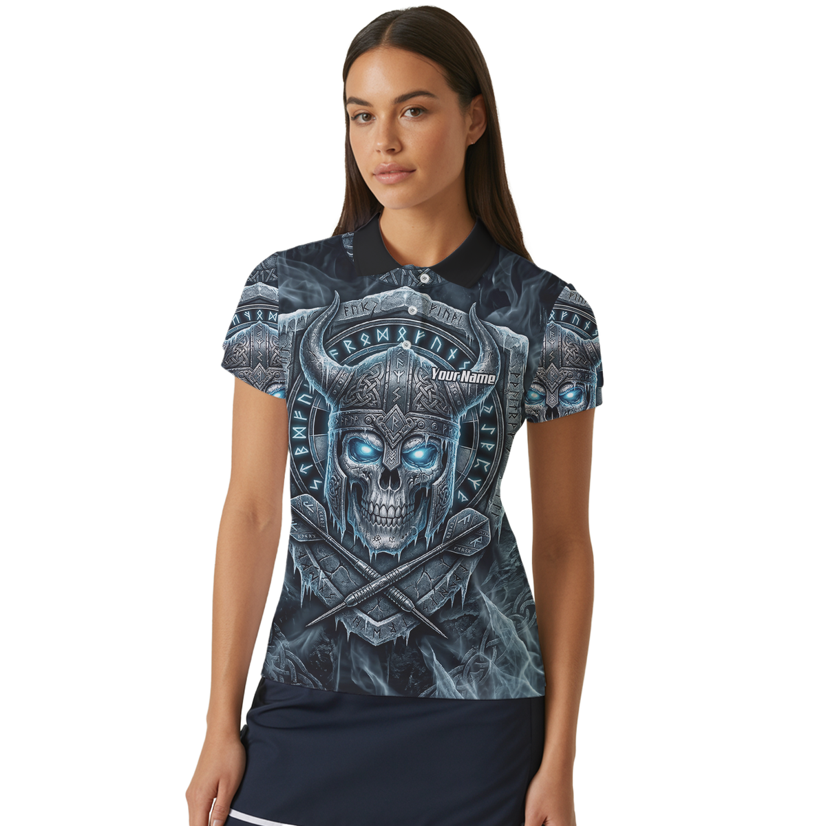 Personalised Viking Skull Dart Jersey for Women Custom Norse Runes Warrior Shirt Ice Blue and Grey Polo I6327