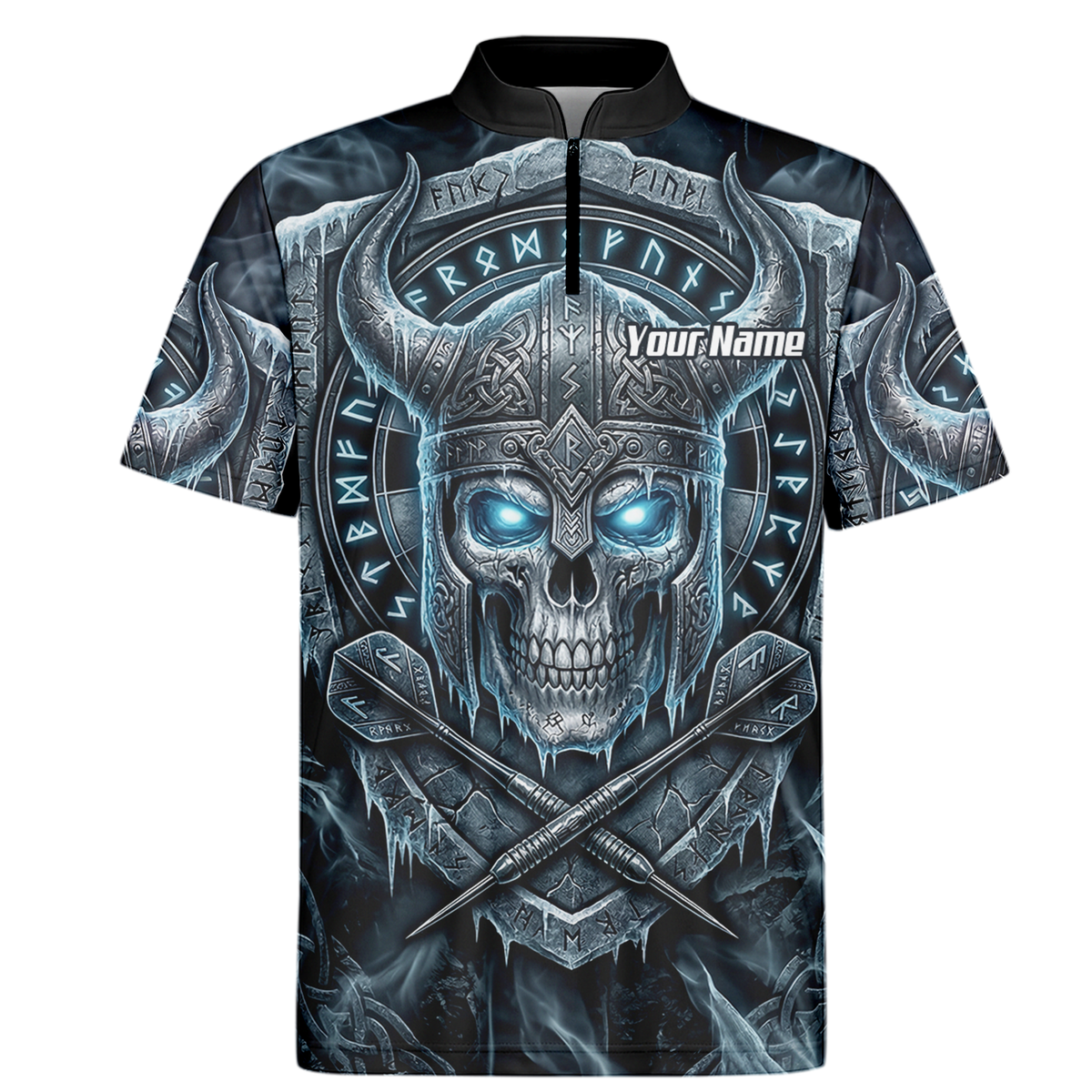 Personalised Viking Skull Dart Jersey for Men Custom Norse Runes Warrior Shirt Ice Blue and Grey Polo I6327