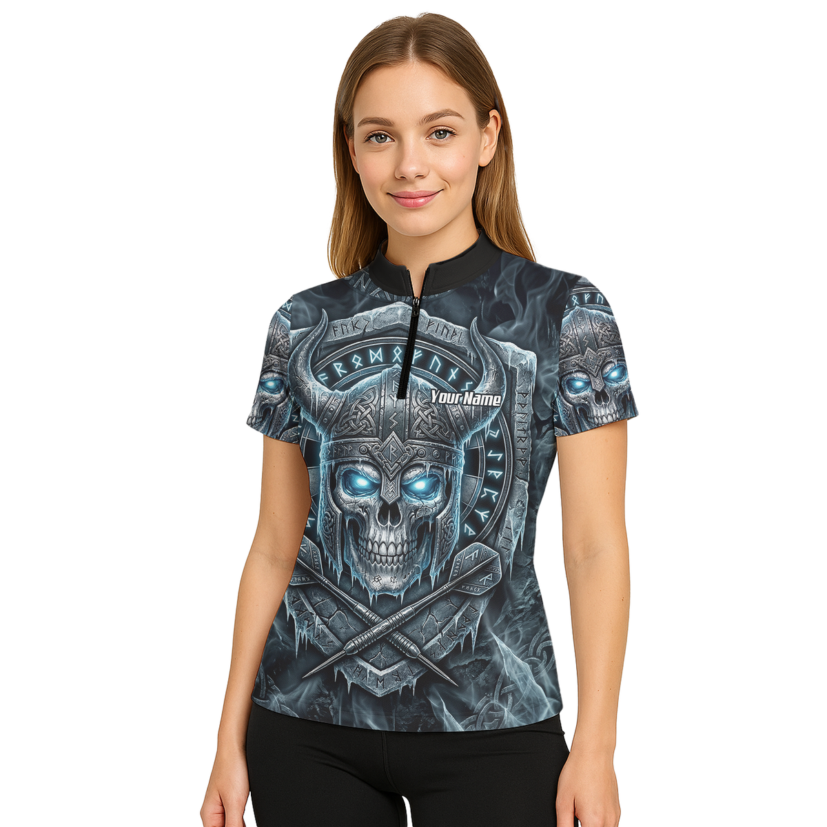 Personalised Viking Skull Dart Jersey for Women Custom Norse Runes Warrior Shirt Ice Blue and Grey Polo I6327