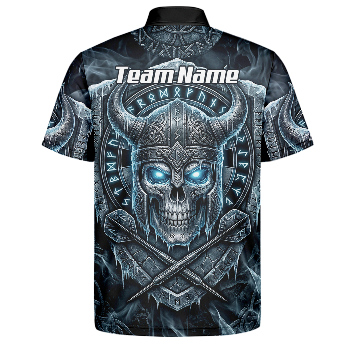 Personalised Viking Skull Dart Jersey for Men Custom Norse Runes Warrior Shirt Ice Blue and Grey Polo I6327