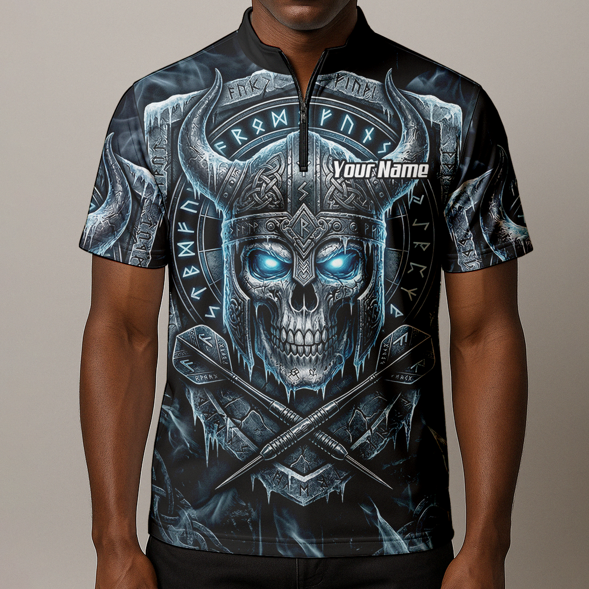 Personalised Viking Skull Dart Jersey for Men Custom Norse Runes Warrior Shirt Ice Blue and Grey Polo I6327