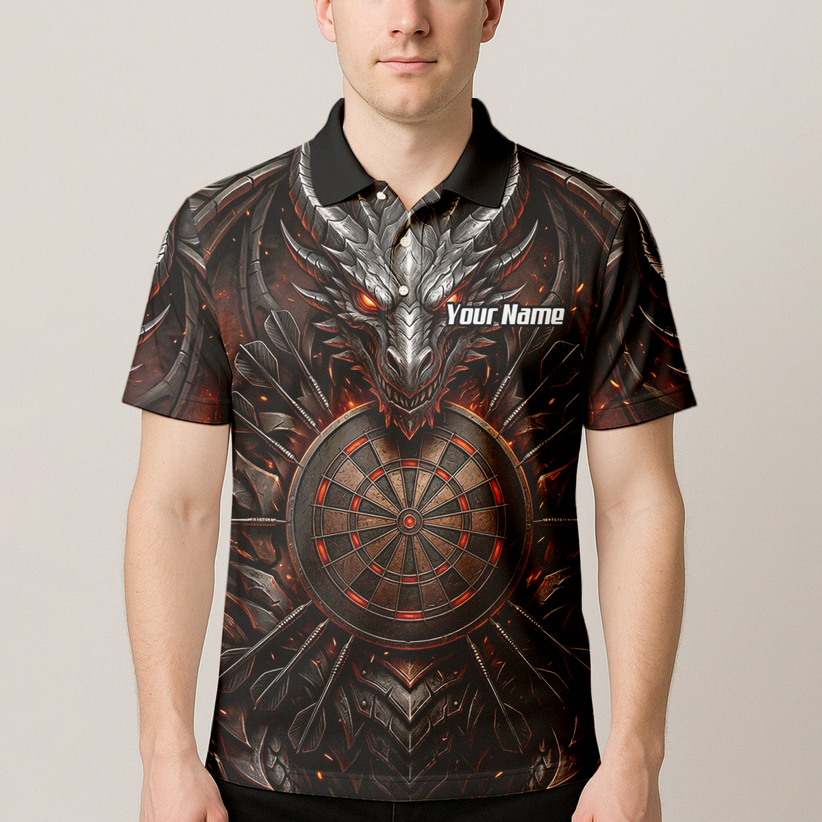 Personalised Armoured Dragon Dart Jersey for Men Custom Fire Polo Shirt Black Red J1144