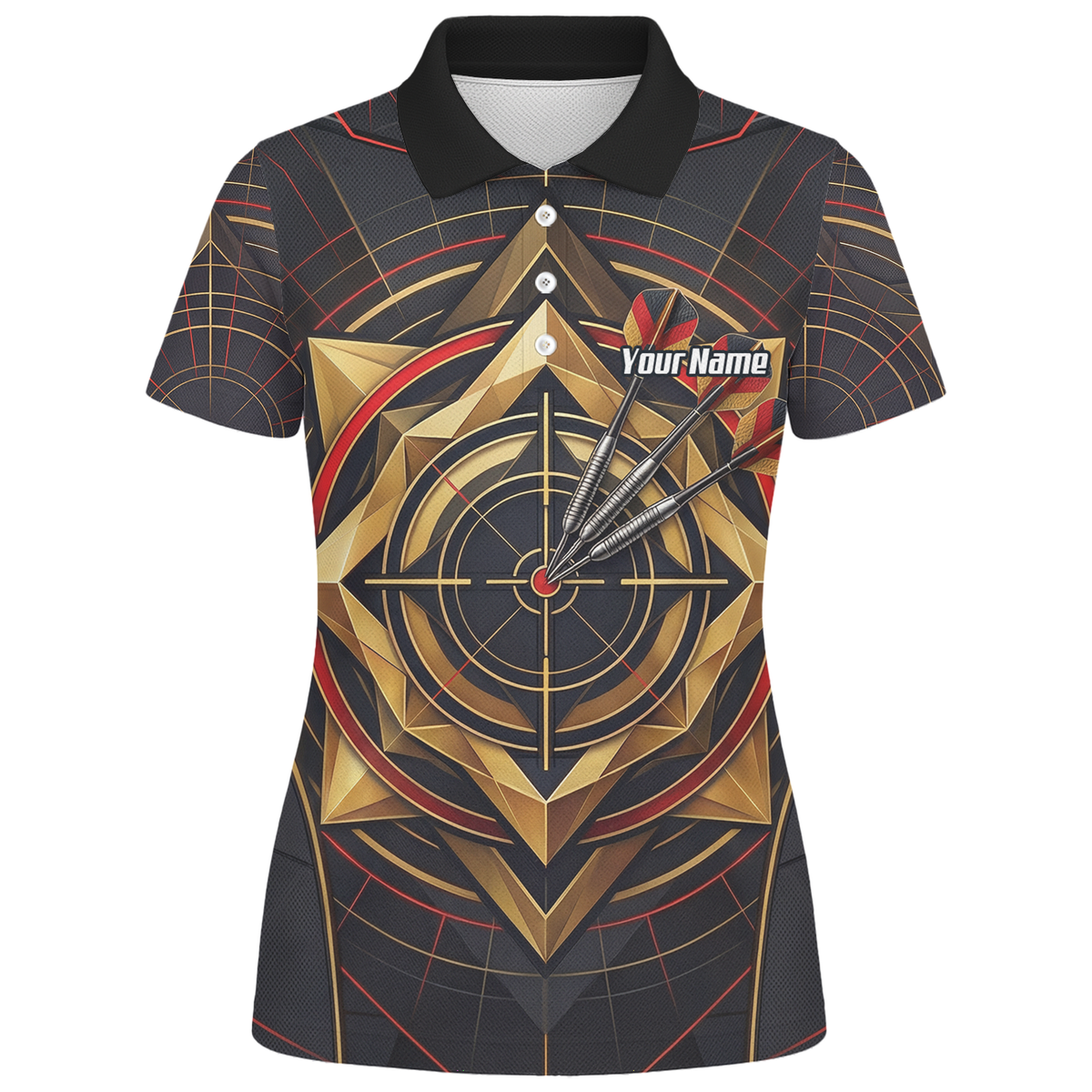 Personalised Darts Jersey for Women Custom Dart Shirt Black Gold Geometric Target Design Polo Shirt J2245