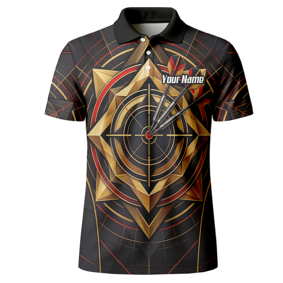 Personalised Darts Jersey for Men Custom Dart Shirt Black Gold Geometric Target Design Polo Shirt J2245