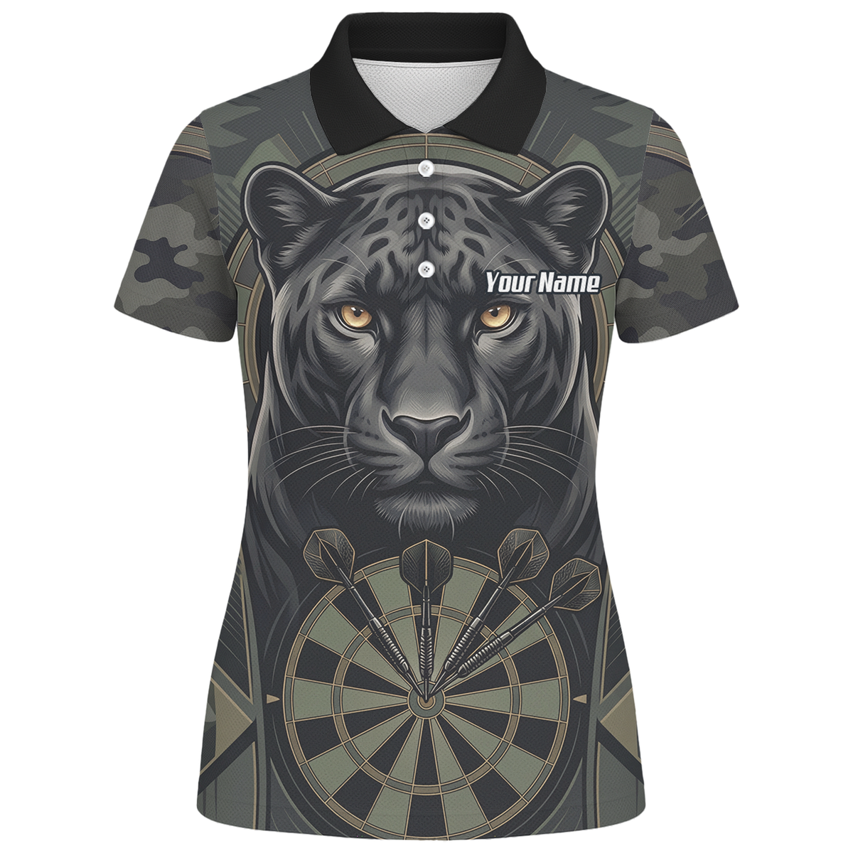 Personalised Black Panther Darts Jersey for Women Custom Darts Polo Shirt Grey Green Leopard Print J7347