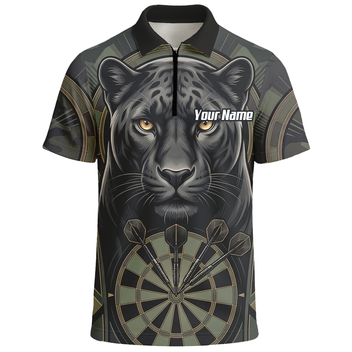 Personalised Black Panther Darts Jersey for Men Custom Darts Polo Shirt Grey Green Leopard Print J7347