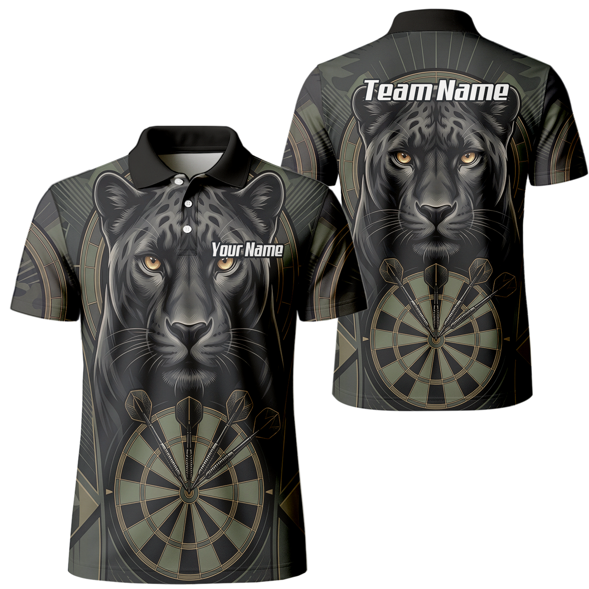 Personalised Black Panther Darts Jersey for Men Custom Darts Polo Shirt Grey Green Leopard Print J7347