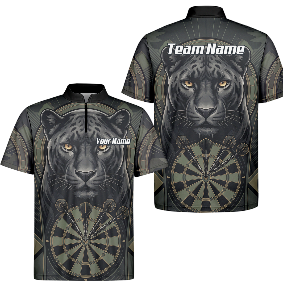 Personalised Black Panther Darts Jersey for Men Custom Darts Polo Shirt Grey Green Leopard Print J7347