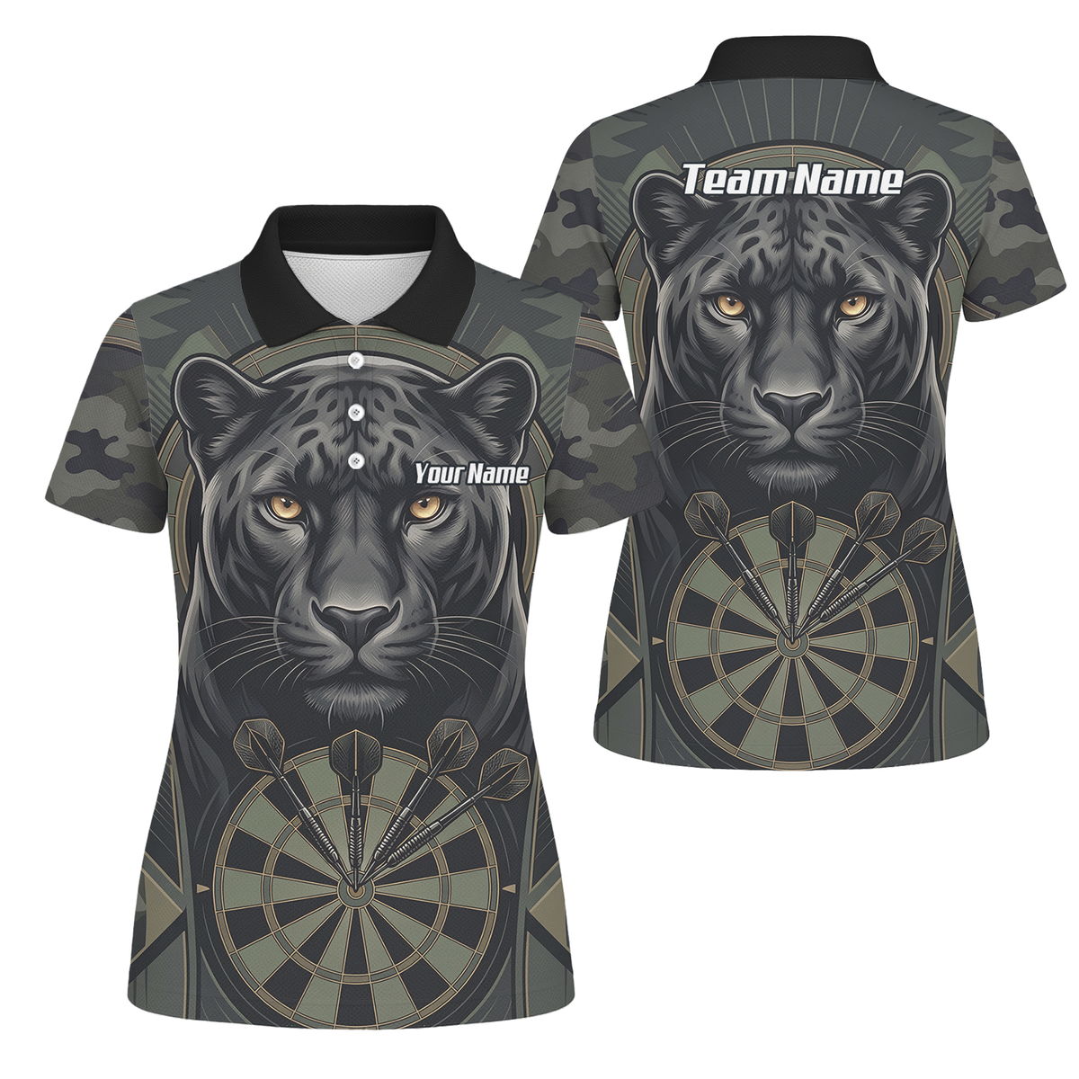 Personalised Black Panther Darts Jersey for Women Custom Darts Polo Shirt Grey Green Leopard Print J7347