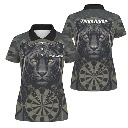 Personalised Black Panther Darts Jersey for Women Custom Darts Polo Shirt Grey Green Leopard Print J7347