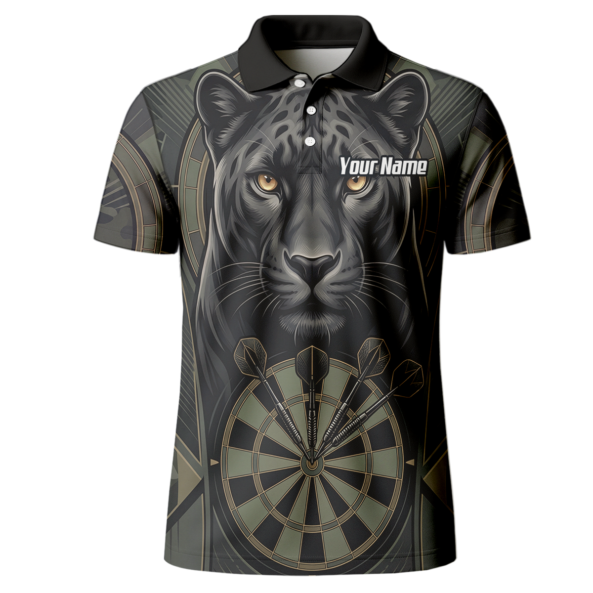 Personalised Black Panther Darts Jersey for Men Custom Darts Polo Shirt Grey Green Leopard Print J7347