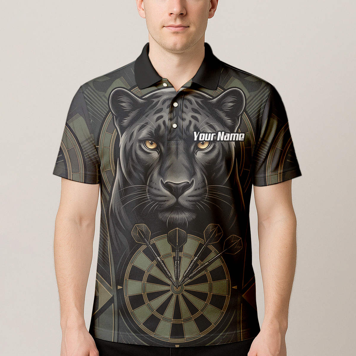 Personalised Black Panther Darts Jersey for Men Custom Darts Polo Shirt Grey Green Leopard Print J7347