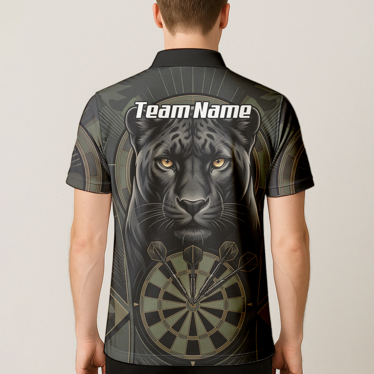 Personalised Black Panther Darts Jersey for Men Custom Darts Polo Shirt Grey Green Leopard Print J7347