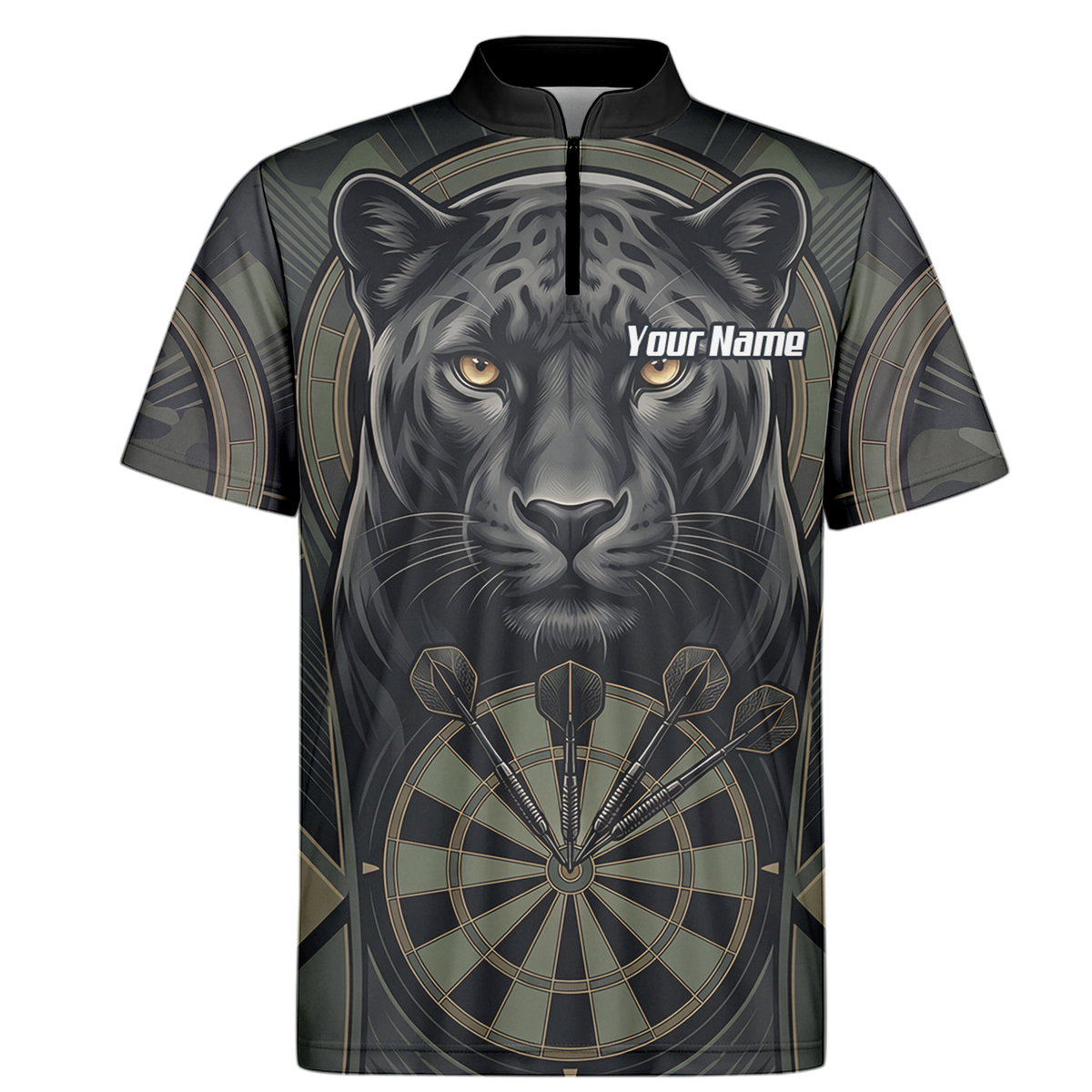 Personalised Black Panther Darts Jersey for Men Custom Darts Polo Shirt Grey Green Leopard Print J7347