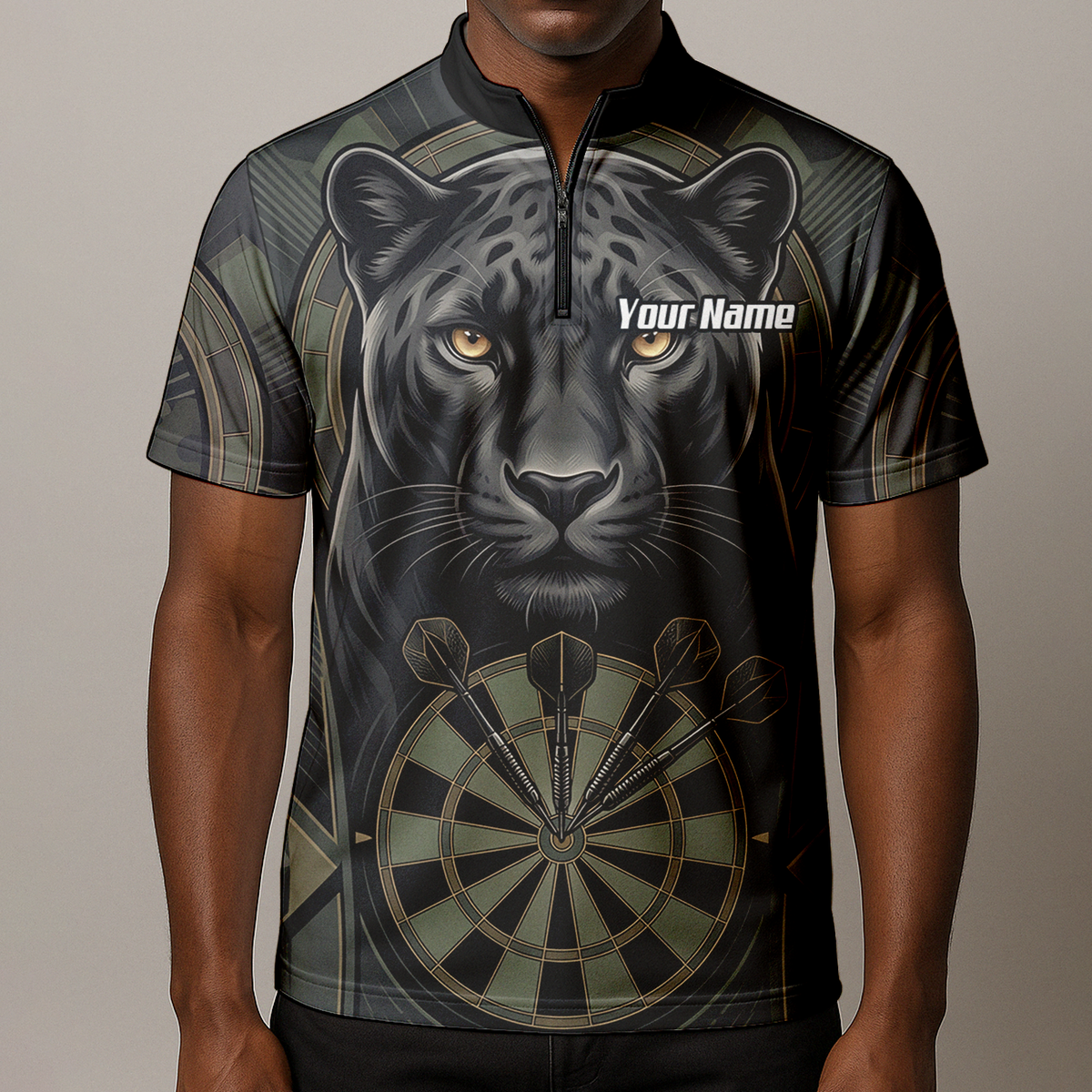 Personalised Black Panther Darts Jersey for Men Custom Darts Polo Shirt Grey Green Leopard Print J7347