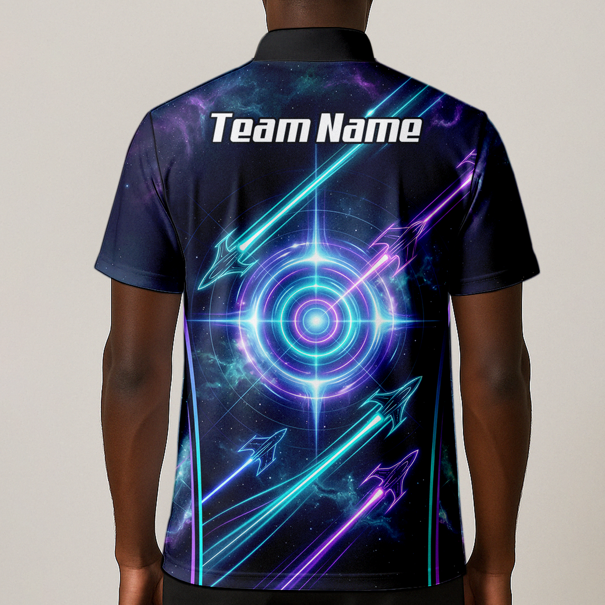 Personalised Men's Dart Jersey Custom Name Galaxy Space Neon Target Polo Shirt Purple Teal J7924