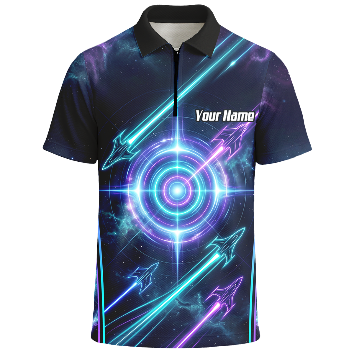 Personalised Men's Dart Jersey Custom Name Galaxy Space Neon Target Polo Shirt Purple Teal J7924